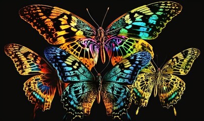 Obraz na płótnie Canvas a group of colorful butterflies with different colors on their wings, all facing different directions, all on a black background, with a black background. generative ai