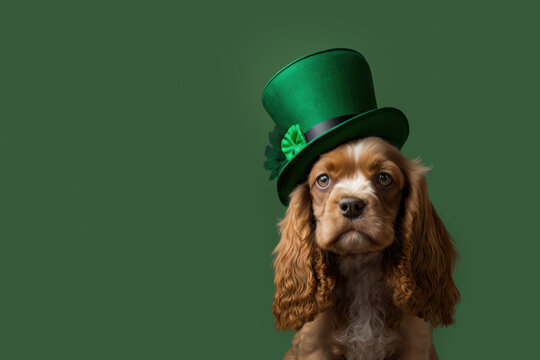 St. Patricks cocker spaniel puppy dog in a leprechaun hat on green background. Generative AI.