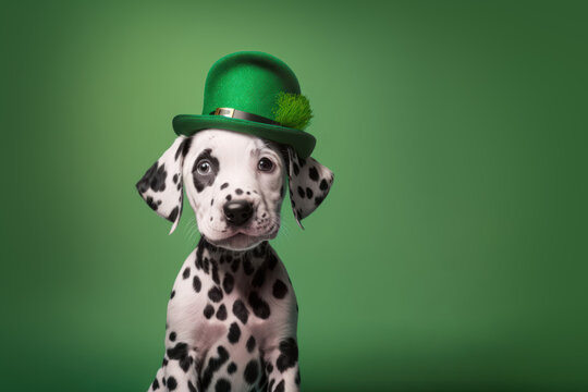 St. Patricks dalmatian puppy dog in a leprechaun hat on green background. Generative AI.