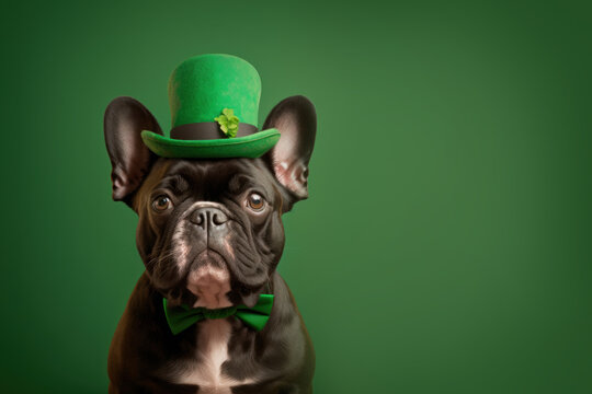 St. Patricks french bulldog puppy dog in a leprechaun hat on green background. Generative AI.