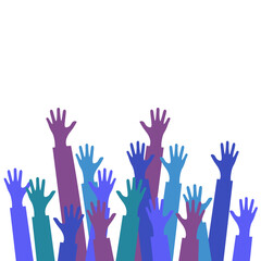 Fototapeta premium The group raised human arms and hands. Diversity multiethnic people. Racial equality. Men and women of different cultures and peoples. harmony of coexistence. Multicultural Community Integration.