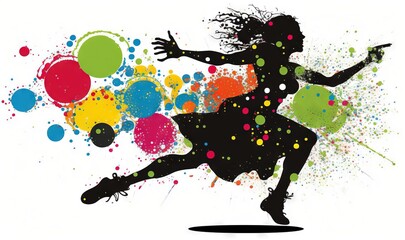  a woman is dancing with colorful bubbles and spray paint on her body and a skateboard in the foreground is a white background with a splash of multi - colored circles.  generative ai