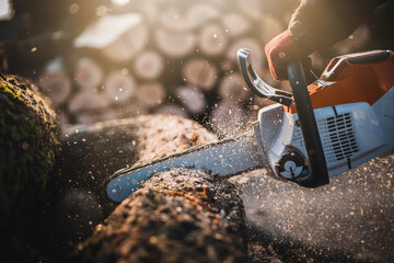 Cordless Chainsaw. Close-up of woodcutter sawing chain saw in motion, sawdust fly to sides....