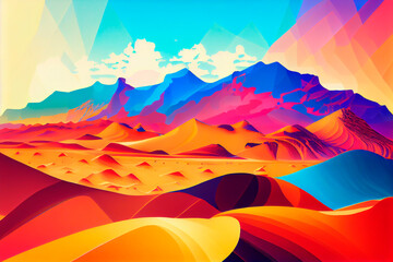 Abstract vivid colors landscape of desert mountains, dunes and sand. Colorful bright colors. Generative ai