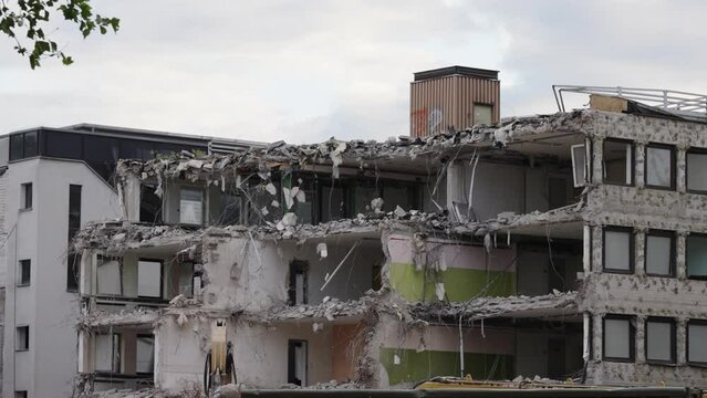 City biulding destroyed in war, panoramic shot