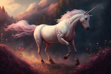 White unicorn in a meadow of flowers. Generative AI - obrazy, fototapety, plakaty