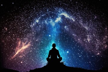 Fototapeta na wymiar Silhouette of man against the universe's cosmic background. Meditation and spiritual life. Generative AI.
