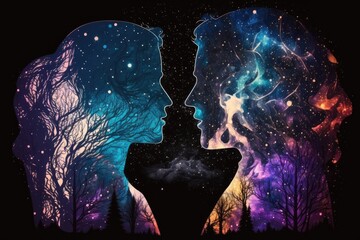 Man and woman silhouette at the abstract cosmic background. Human souls couple in love. Generative Ai.