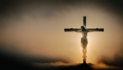 Symbol illustration for Good Friday for the crucifixion of Jesus. The image shows a sculpture of Jesus on the cross with lights and fog - AI Generated