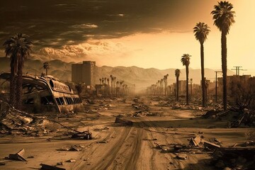 Apocalyptic view of destroyed California, post apocalypse after world war. Generative Ai.
