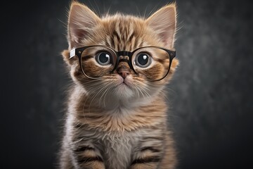 Süßes Kätzchen mit Brille. Eine sehr junge und flauschige Katze trägt eine Brille im Fotostudio. Katze mit Foku und unscharfem Hintergrund - KI generiert - obrazy, fototapety, plakaty