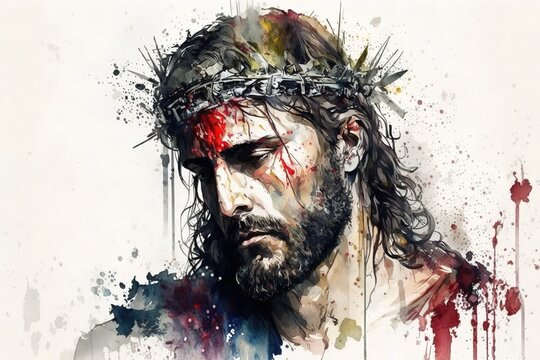 Wasserfarben Aquarell Gem&auml;lde vom leiden Jesus mit Dornenkrone. Symbol f&uuml;r die Oster-Geschichte der Bibel und Karfreitag. Jesus vor Kreuzigung im Rom - Digitale Kunst &Ouml;lmalerei