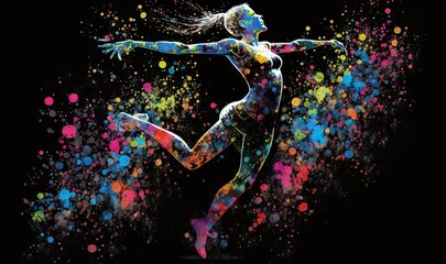 Obraz na płótnie Canvas a painting of a woman dancing with colored paint splatters all over her body and arms, and arms, and legs, and feet. generative ai
