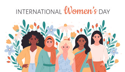 International Women's Day. Feminism and woman equality, empowerment. Sisterhood, friend support. Vector illustration in flat style