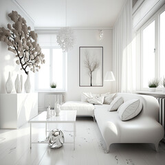 Contemporary interior design of a living room in white colors, large corner sofa