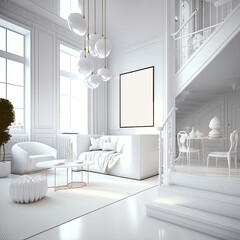 Contemporary living room interior design in white colors, sofa and staircase