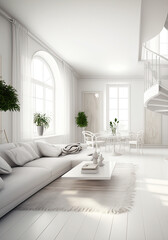 Contemporary interior design of a living room in white colors, large sofa and staircase