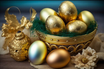 Fototapeta na wymiar A basket with beautiful golden easter eggs, Easter decoration, generative ai