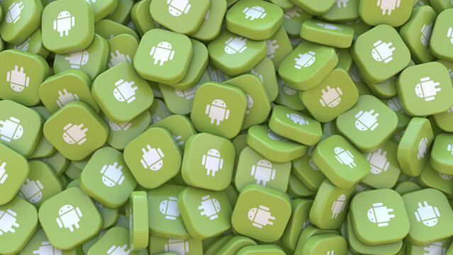 3D rendering of a lot of Android square badges in a close up view
