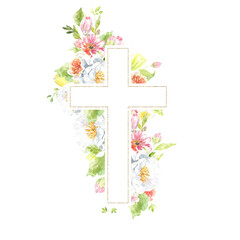 Watercolor Christian cross illustration. Botanical Cross with peony,rose flowers,greenery. Easter, baptism, christening, cards, wedding, paper, invitation, scrapbooking, printable, wrapping, egg hunt