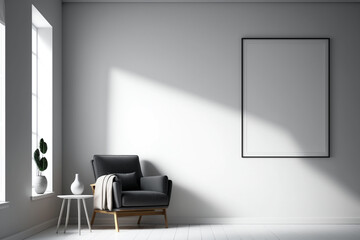 empty light wall with armchair, mockup made with Generative AI