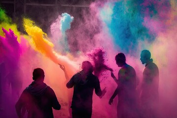 Holi Festival celebration: Bright colorful powders in the air. People silhouettes.