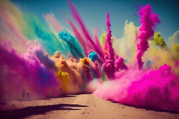 Holi Festival Celebration: Bright colorful explosion of powder dyed dust
