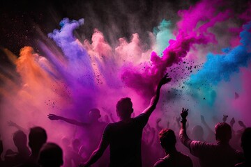 Obraz na płótnie Canvas Holi Festival celebration: Bright colorful powders in the air. People silhouettes.