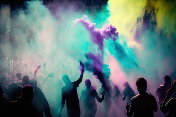 Obraz premium Holi Festival celebration: Bright colorful powders in the air. People silhouettes.