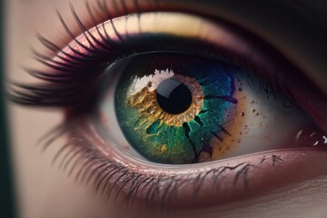 Naklejka premium A woman's eye close-up with colorful makeup. Holi Concept. Generation AI