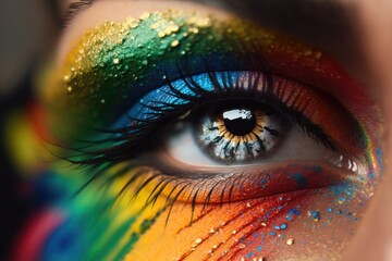 A woman's eye close-up with colorful makeup. Holi Concept. Generation AI