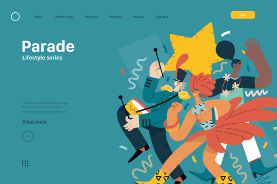 Lifestyle web template - Parade - modern flat vector illustration of people marching together, taking part in parade or rally. Male and female protesters or activists. People activities concept