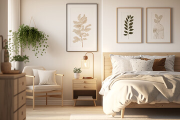 mockup bedroom in scandinavian style with natural wood, many plants healthy mindset made with Generative AI