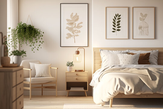 Fototapeta mockup bedroom in scandinavian style with natural wood, many plants healthy mindset made with Generative AI