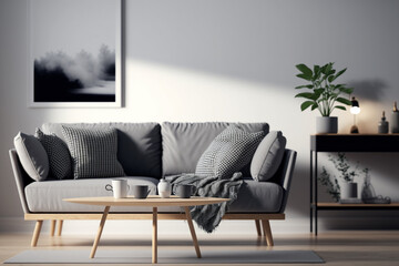 grey sofa with coffe table in well lit room, pillows and plants, mockup made with Generative AI