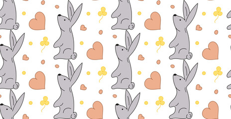 Seamless pattern Rabbit, flower, hearts. Pastel vector. Texture of Easter gift, textile.