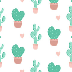 Seamless pattern with cactus pots in pastel colors with transparent background, heart shaped cactus