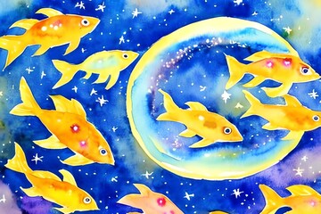 Naklejka premium Fish in the night. watercolor painting. constellation. nebula background. Astrology. .watercolor portrait