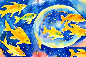 Naklejka premium Fish in the night. watercolor painting. constellation. nebula background. Astrology. .watercolor portrait