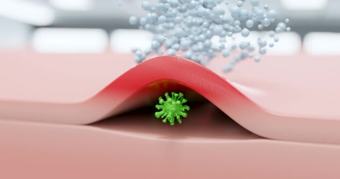 Viral subcutaneous inflammation, herpes - 3d animation showing symbolic dermatitis with a virus, and treatment with a cream.