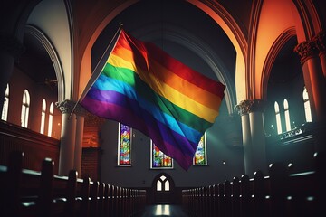 LGBT rainbow flag inside the church. Religion and Diversity. Concept of same-sex marriages. 