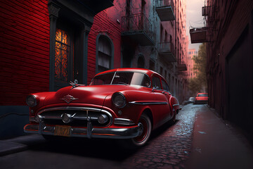 Obraz na płótnie Canvas Red oldschool car parked in a small alley - generative ai