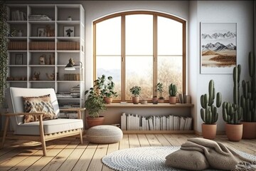 Bohemian and Japandi living room interior with big panoramic windows, armchair and bookshelf, AI generated