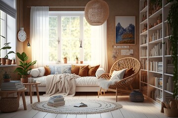Bohemian and Scandinavian living room interior with big panoramic windows, armchair and bookshelf