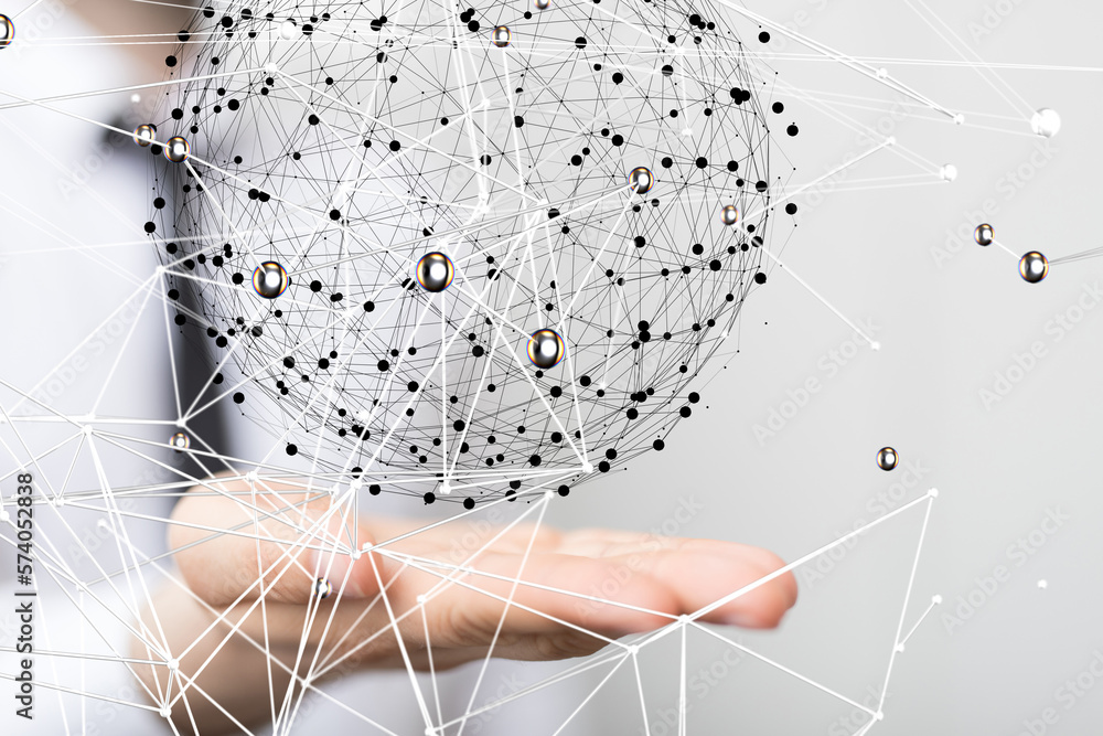 Poster Neural network 3D illustration. Big data and cybersecurity - connection