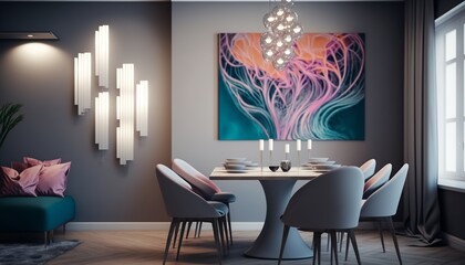a wonderful dining room in pastel colors, modern, contemporary, every woman's dream is to have her own place