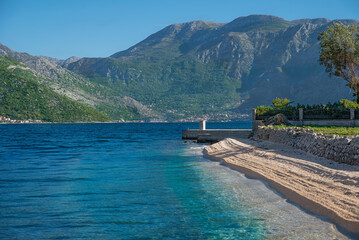 View of the Bay of Kotor, mountains and sandy beach