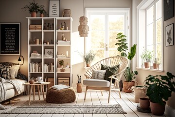 Bohemian and Scandinavian living room interior with big panoramic windows, armchair and bookshelf, AI generated