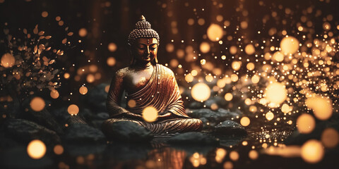 buddha statue meditation in the shiny bokeh. Generative AI - obrazy, fototapety, plakaty