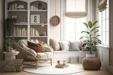 Bohemian and Scandinavian living room interior with big panoramic windows, armchair and bookshelf